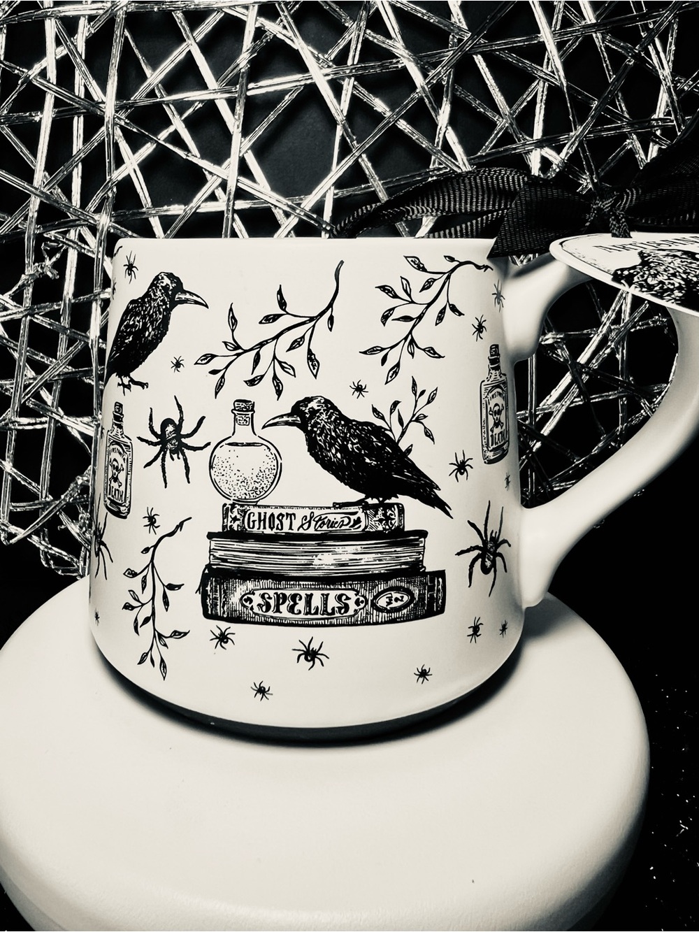 Gothic Black & White Raven Spellbook Ceramic Mug Halloween Spooky Spiders Poison